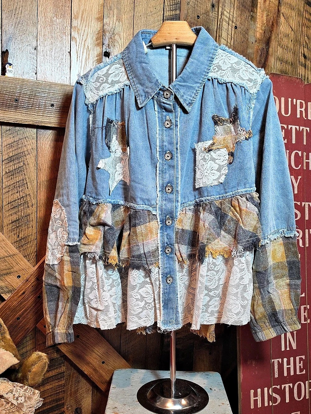 260p POL Denim and Plaid Patchwork Button Down Top with Lace Accents Size Small
